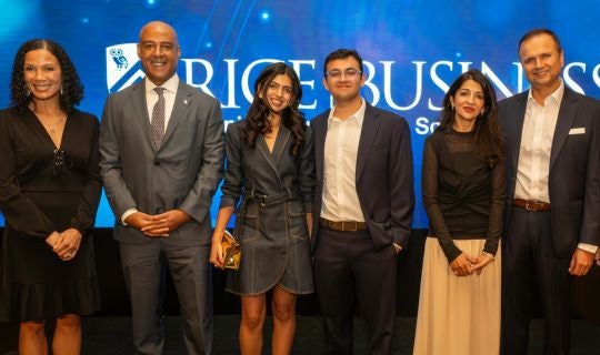 Reginald DesRoches and Paula Gilmer DesRoches with the Virani family at a Rice Business event. 