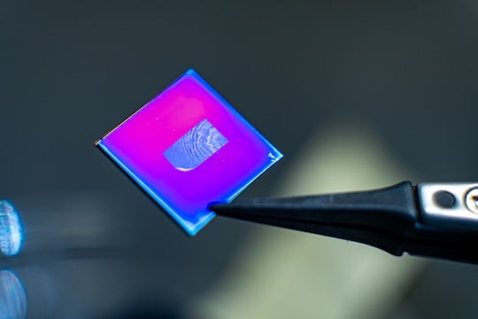 closeup of chip held with tweezers