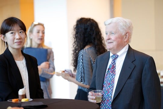 Doyle Arnold ’70 greets guests before the March 2026 Doyle Arnold ’70 Distinguished Guest Lecture Series in Economics, one of his final public appearances at Rice.