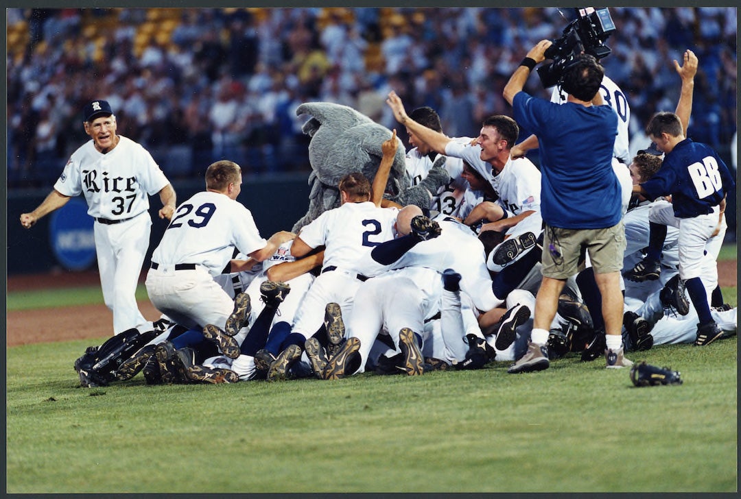 Rice University baseball players celebrate after beating Stanford University to capture the 2003 National Championship.