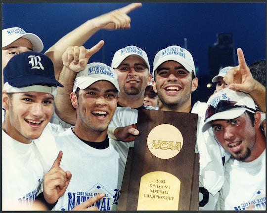 Rice University baseball players celebrate after beating Stanford University to capture the 2003 National Championship.