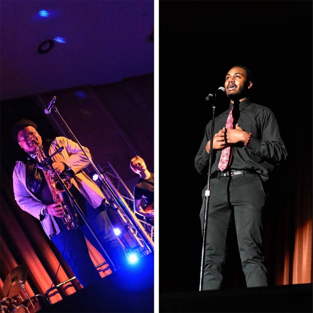 Duncan College senior David Ikejiani (left) and Wiess College freshman Tamaz Young (right) perform at the BSA's annual soul night Feb. 25