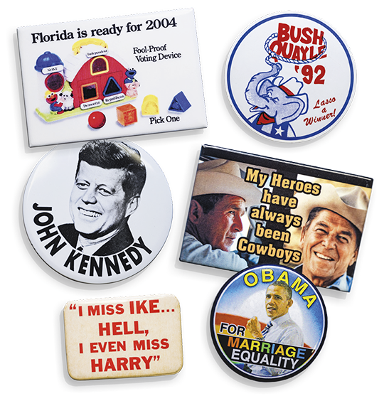A vast collection of over 900 political campaign buttons was recently donated to the Baker Institute at Rice.