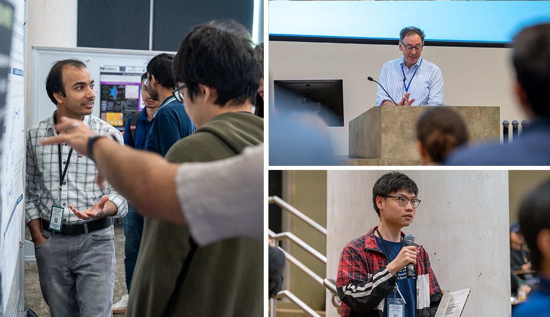 A collage of men presenting research to an audience. 