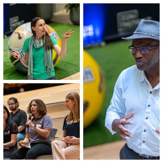 a collage of photos of people speaking or asking questions. 