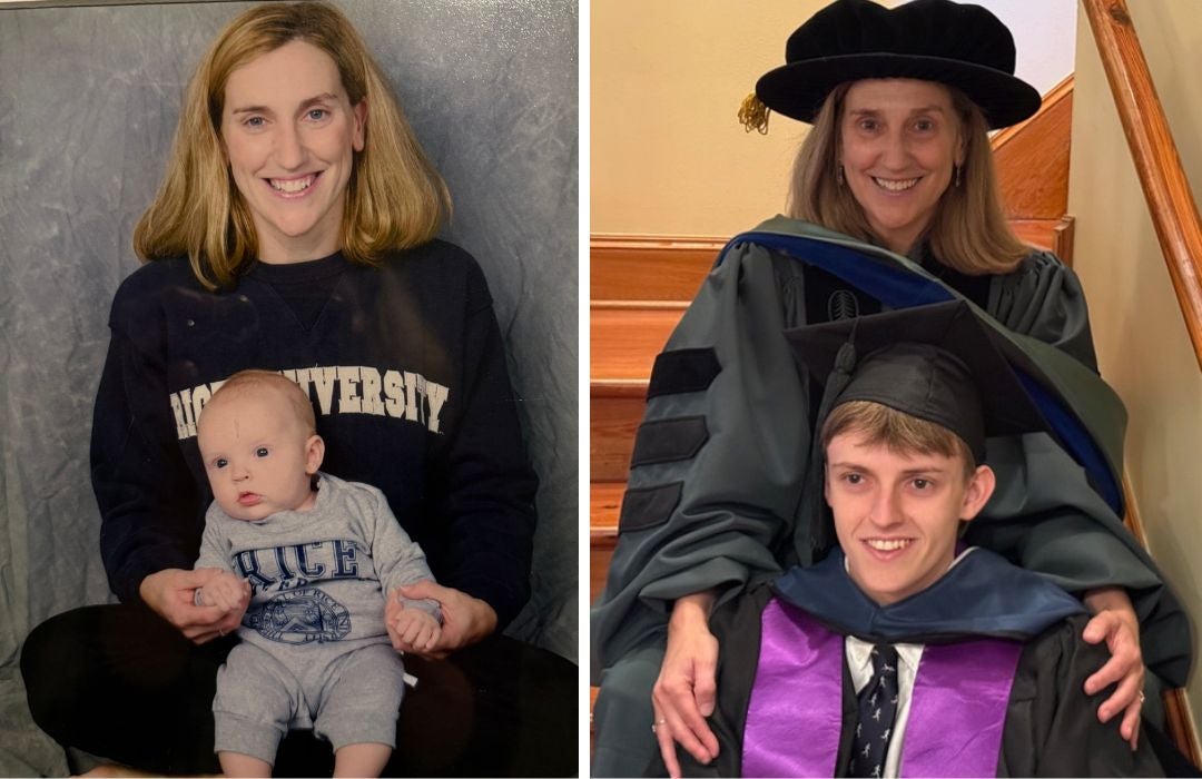 Mike Hebl and son Jackson as a baby in a Rice sweatshirt side-by-side with a current photo of them in their Rice graduation regalia