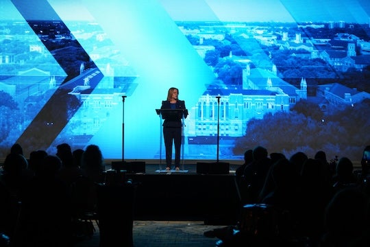 Rice Provost Amy Dittmar speaks at the 2026 Kinder Institute Luncheon, highlighting the importance of research that helps inform Houston’s future.
