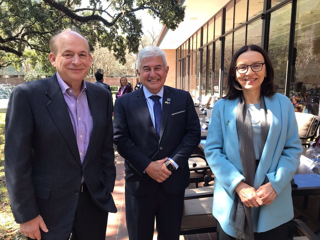 Rice president David Leebron welcomed a delegation from Brazil at Cohen House March 10, 2022. With him are Marcos Pontes, the Brazilian Minister of Science, Technology and Innovation, and Ambassador Maria Izabel Vieira from the Consulate General of Brazil in Houston.