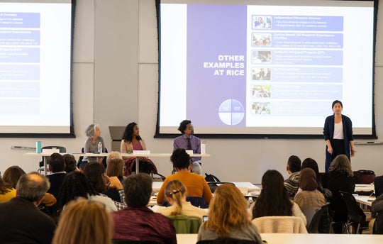 Panelists Lesa Tran Lu (speaking), Alexander Byrd, Fay Yarbrough and Nia Georges spoke about high-impact teaching practices that they already employ at Rice.