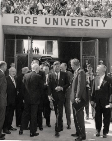 President Kennedy prepares to speak at Rice Stadium for his famous "Moonshot" speech