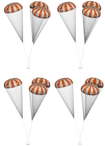 Computational FSI analysis of the Orion spacecraft parachute final design. The three-parachute cluster at different instants during the FSI simulation.