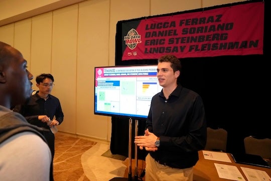 Lucca Ferraz presents his project as a finalist at the 2025 NFL Big Data Bowl during Combine weekend.