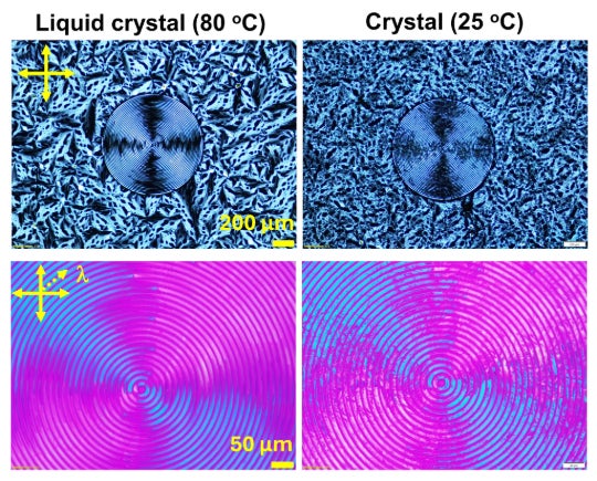 Similarities in molecular organization between parent liquid crystal and daughter crystal phases are apparent under different optical imaging techniques. 