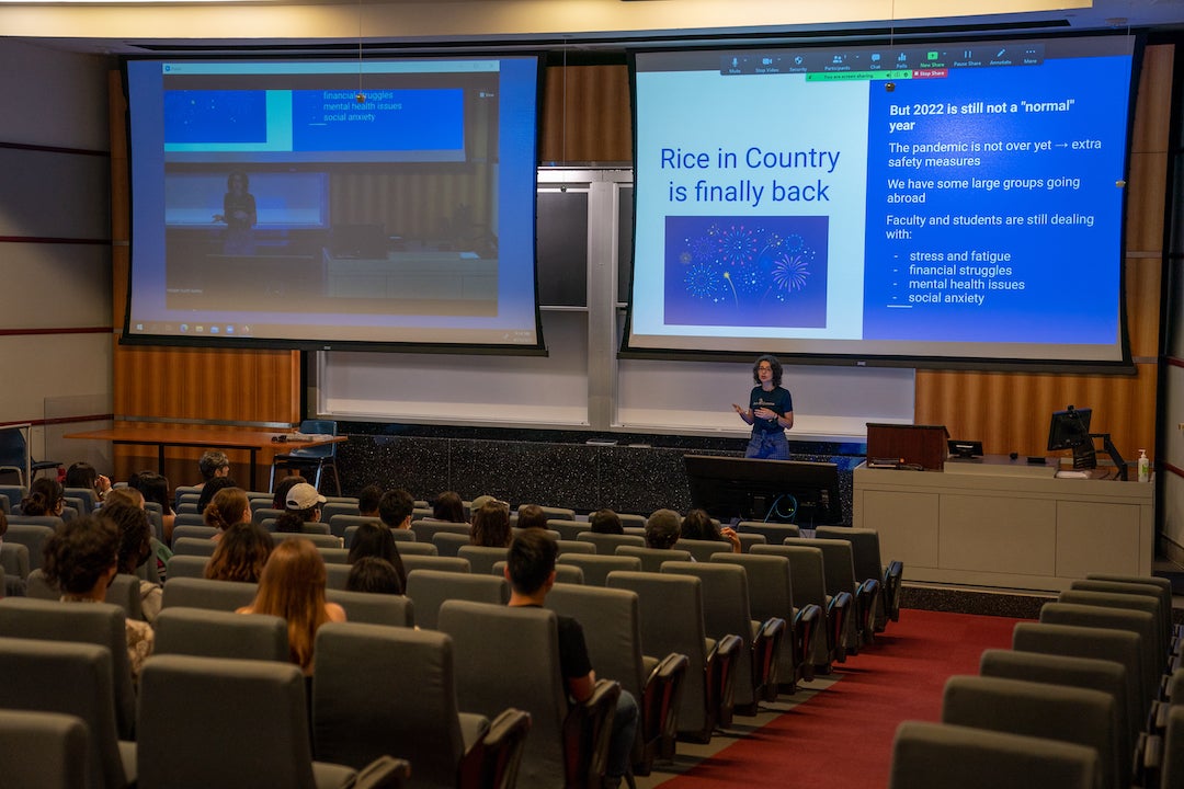Rice in Country 2022 student orientation led by Helade Scutti Santos