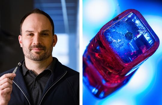 Jacob Robinson and a prototype of a brain implant