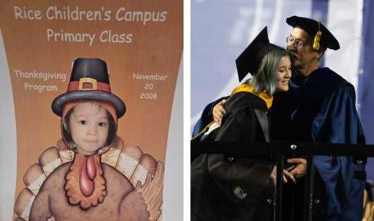 Yousif Shamoo hands his daughter Raven her diploma on stage