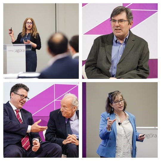 A group of photos showing people presenting to an audience. 