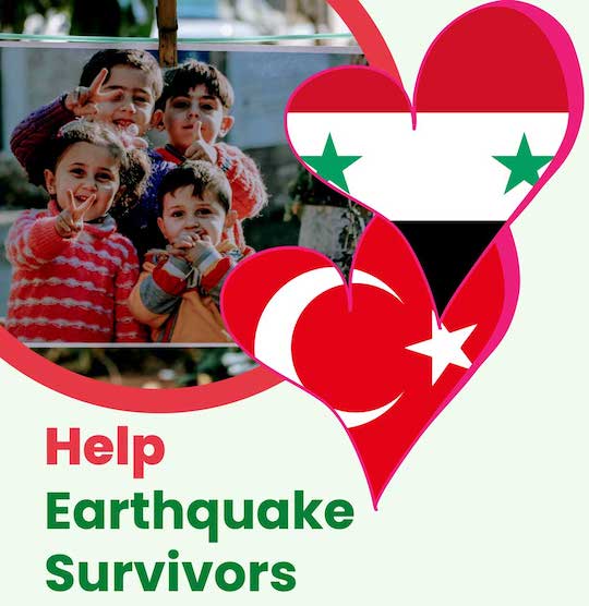 Image from flyer highlighting earthquake relief efforts