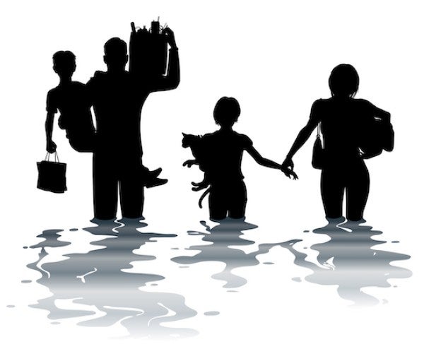 Rendering of family walking in flood.