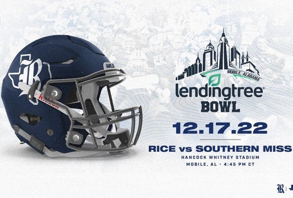 An illustration featuring a Rice University football helmet and the LendingTree Bowl logo.