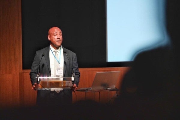 Rice President Reginald DesRoches gives the opening remarks at the Rice Global Paris Center's first summer workshop, the Rice-Europe Workshop on Future Directions in Spintronics and Quantum Materials, in Paris, France on May 22. 