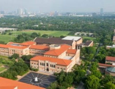 Aerial photo of McNair Hall, home of Rice's Jones Graduate School of Business.