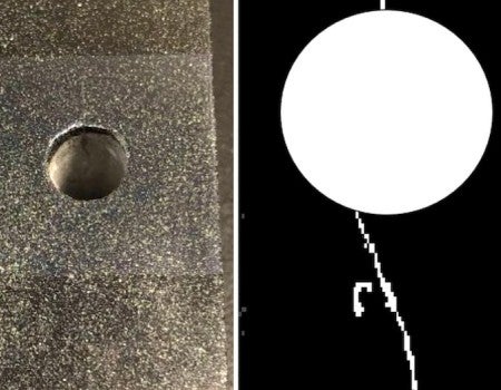 Small cracks in a stressed, painted cement block are barely visible under ambient lighting (left panel) but show up clearly in the near-infrared image at right.