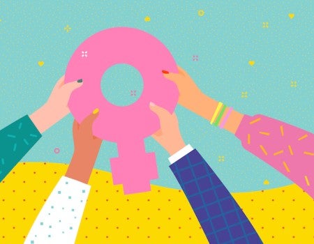 Abstract illustration of hands reaching toward symbol for women