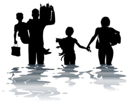 Rendering of family walking in flood.
