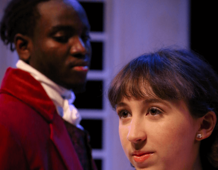 Rice University students Chiro Ogbo as Mr. Darcy and Taylor Stowers as Lizzy