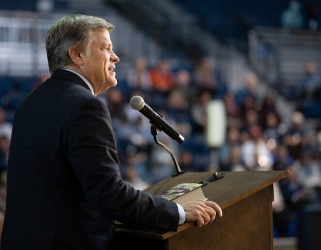 Douglas Brinkley at podium giving speech