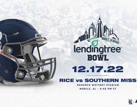 An illustration featuring a Rice University football helmet and the LendingTree Bowl logo.