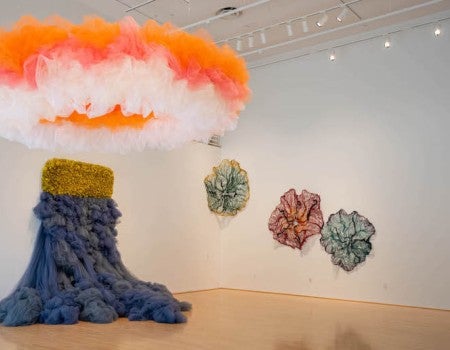opening gallery of Narrative Threads exhibition at the Moody Center for the Arts