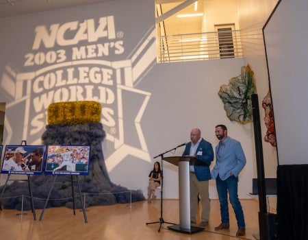 Austin Davis and Chris Kolkhorst speak at the baseball reunion event, "A Championship Celebration," honoring the 20-year anniversary of the 2003 Rice baseball team's championship season.
