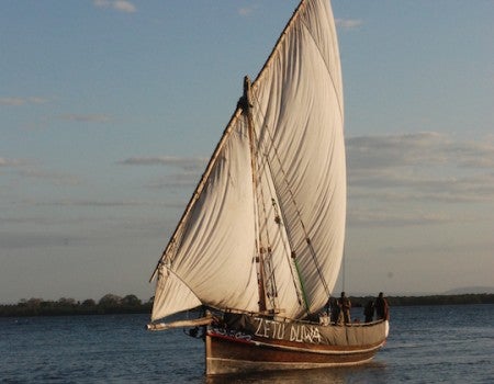 A traditional sailboat (dhow) off the coast of Songo Mnara, Tanzania