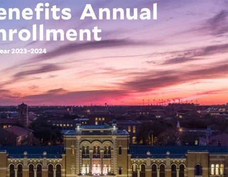 The cover of Rice's 2023-24 benefits annual enrollment brochure features a photo of the university campus.