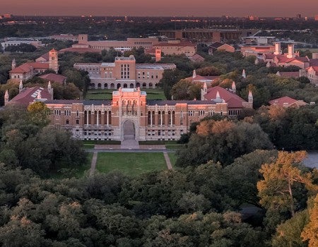 Aerial view of Lovett Hall and the Rice University campus