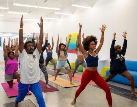 Rice yoga instructor Alicia Stephenson leads a yoga session at the Moody Center.