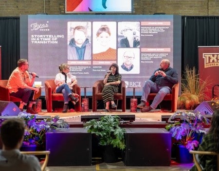 Cymene Howe and Dominic Boyer join filmmakers and media creators for the panel “Storytelling in a Time of Transition” at Texas House during SXSW.