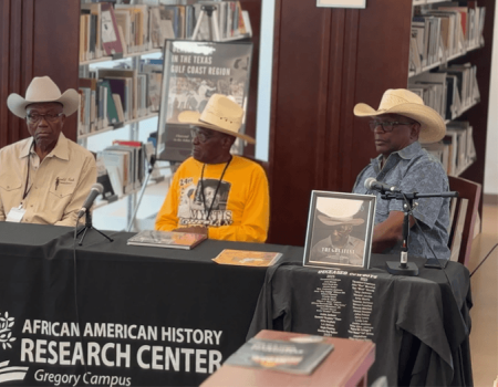 Myrtis Dightman, Harold Cash, James Boone at a panel at the 2026 Black Houston(s) Symposium