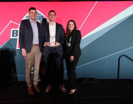 Rice University senior Lucca Ferraz (center) receives recognition for winning the 2026 NFL Big Data Bowl, highlighting the growing impact of Rice’s sport analytics program.