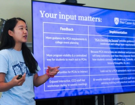 Annelie Han ’26 presents during a Peer Career Advisor program session at Rice’s Center for Career Development, where she helped lead training and support initiatives for fellow students.