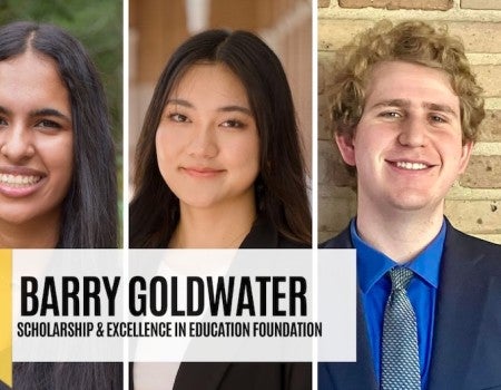 Three photos of students: two women and one man. "40 Years Barry Goldwater Scholarship" is written on the bottom left corner. 