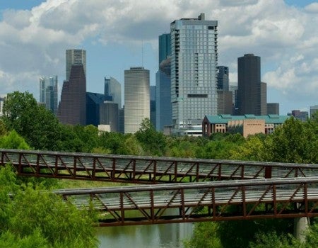 Houston skyline with bayou