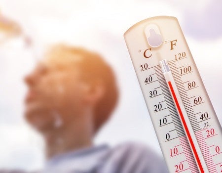 stock image featuring thermometer showing high temps and man pouring water bottle over his head