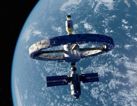 A space station is orbiting the earth
