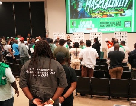 Attendees gather inside Rice University’s Bioscience Research Collaborative for the “Real Men Real Talk” mental wellness conference, part of a two-day event focused on Black men’s health and community connection.