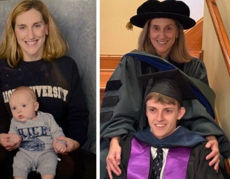 Mikki Hebl sits wirth her son Jacon as a baby in a Rice sweatshort side-by-side with a current phot of them sitting in the same position with the Rice commencement regalia on