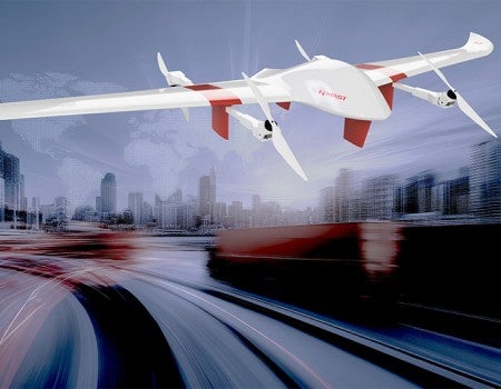 drone against urban backdrop with contour of the world map projected above the skyline