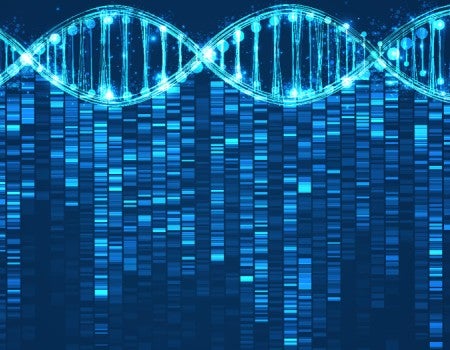 blue DNA strand with lines of differently colored tiny blocks streaming from it symbolizing data